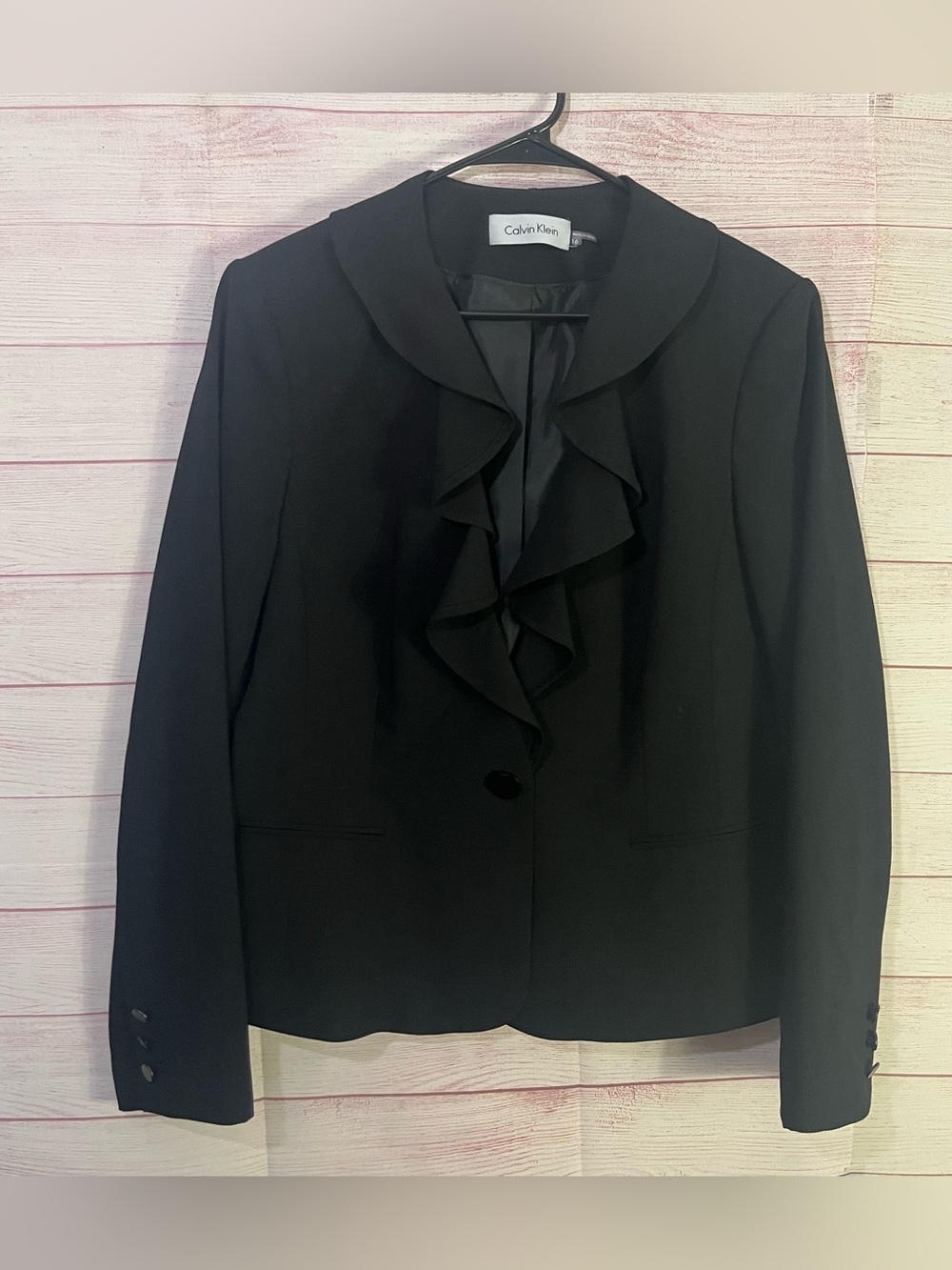 Calvin Klein Black Single Button Ruffle Blazer Size 16